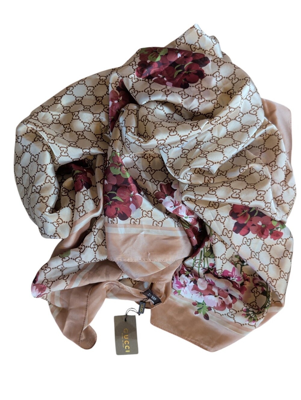 Gucci-Style Floral Silk Scarf in Pink, Brown, Green